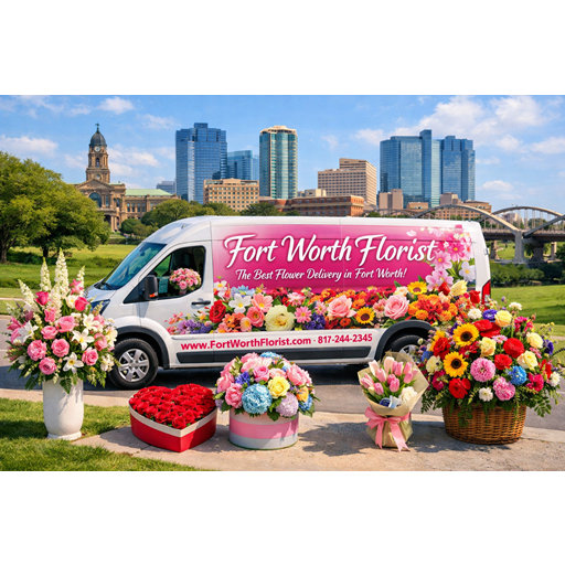 flower delivery in fort worth van with floral arrangements